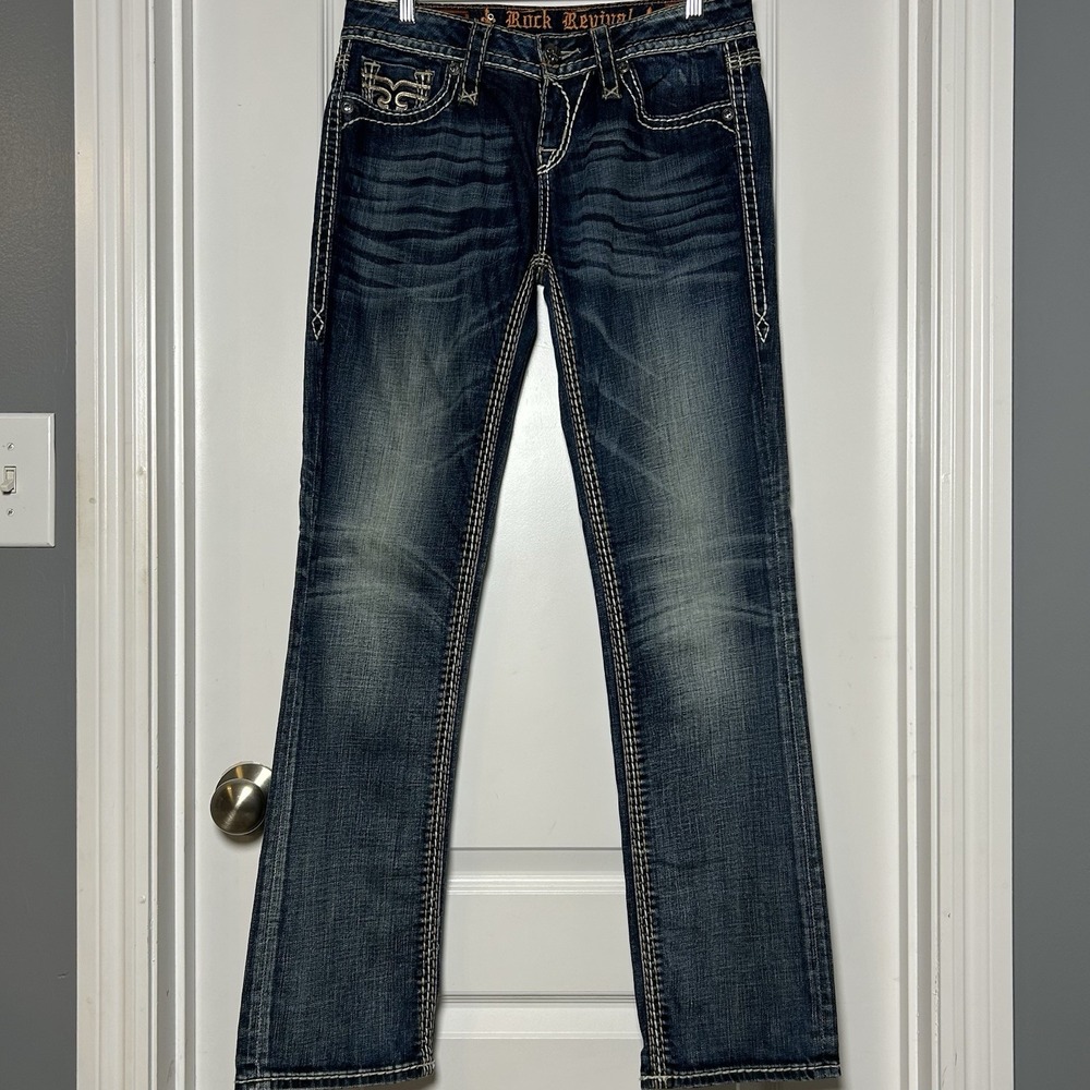 Rock Revival Dark Wash Denim Embroidered Cameron Mid Rise Straight Leg Jeans